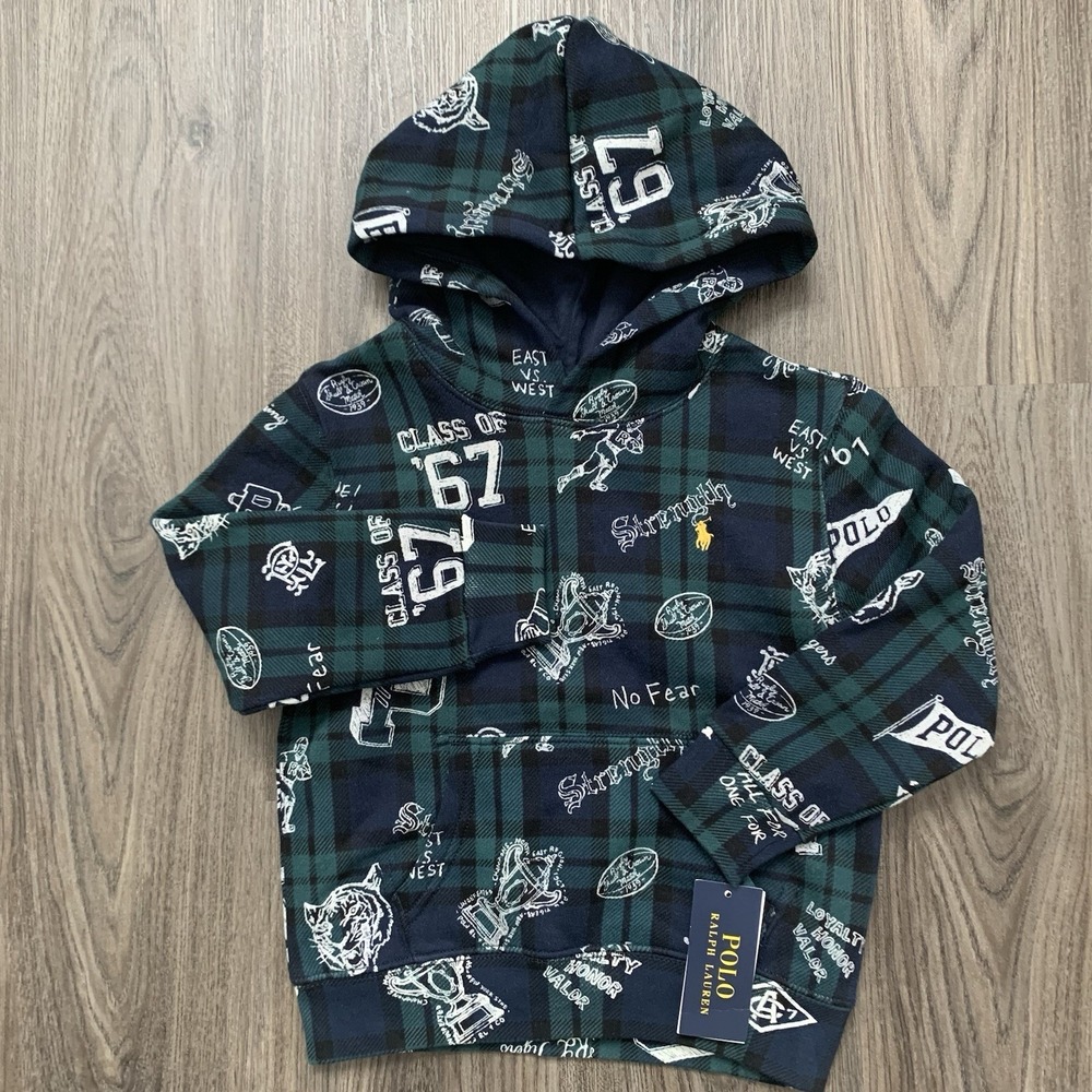 Polo Ralph Lauren Boys Navy Plaid Fleece Graphic Hoodie Size 5 NWT 125$ - Picture 2 of 9